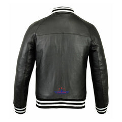 Blue-black Genuine Lambskin Leather Varsity Bomber Jacket