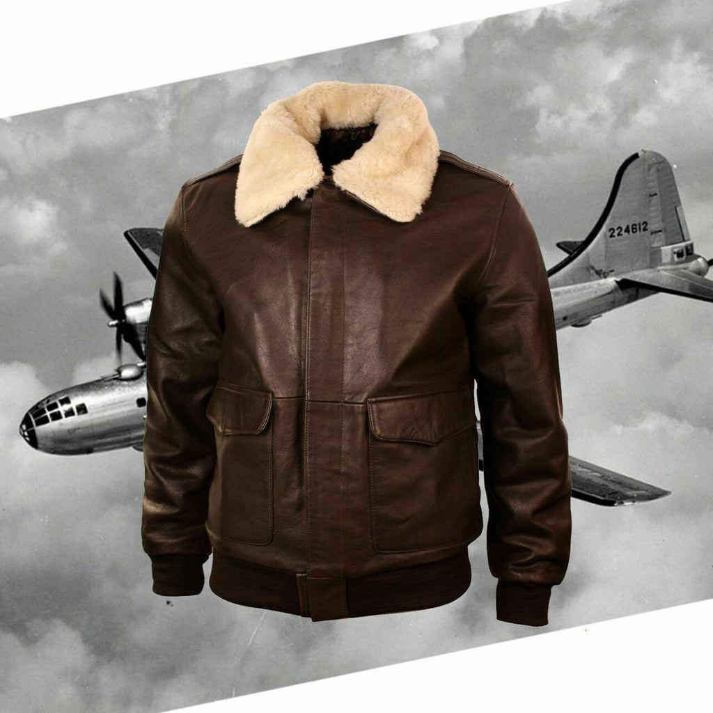 FLAVOR Men's Real Leather Bomber Jacket with Removable Fur Collar Aviator  (Small, Brown) at  Men's Clothing store
